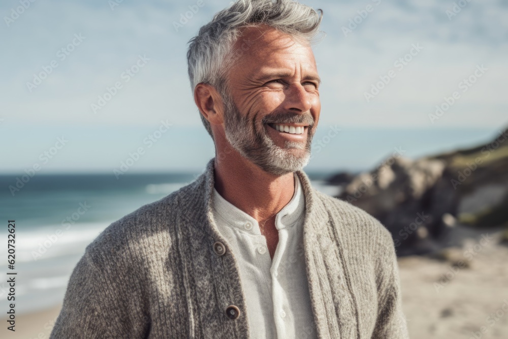 Portrait of smiling senior man standing at beach on a sunny day Portrait of smiling senior man standing at beach on a sunny day
