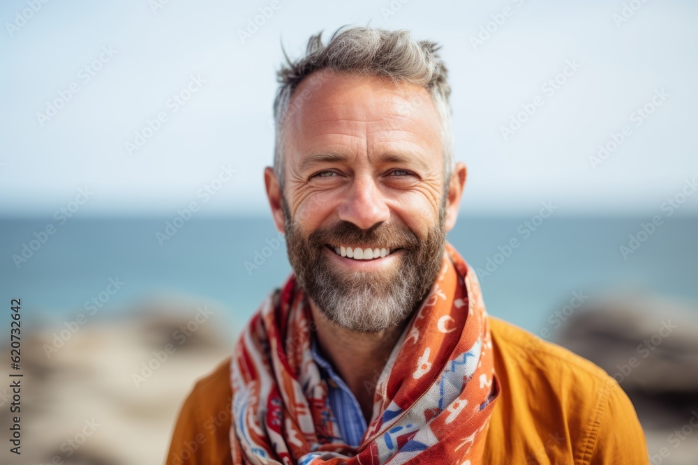 Portrait of smiling senior man wearing scarf on the beach at autumn day