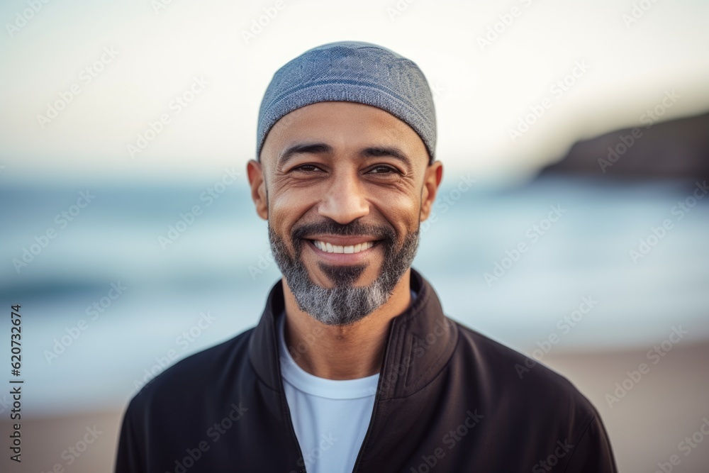 Portrait of smiling man looking at camera while standing on the beach Portrait of smiling man looking at camera while standing on the beach