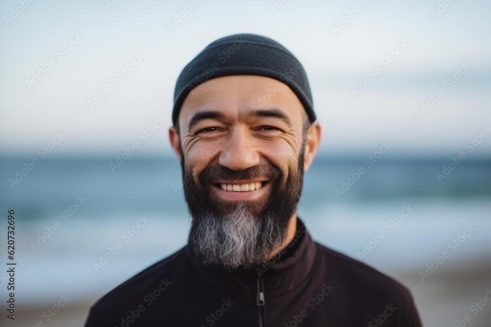 Portrait of a handsome bearded man smiling at camera on the beach Portrait of a handsome bearded man smiling at camera on the beach