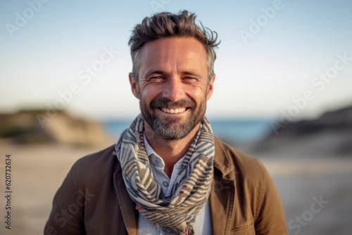 Portrait of handsome man smiling at camera on beach during autumn day