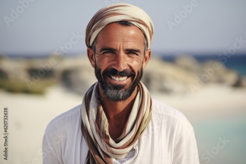 Portrait of a smiling arabic man wearing scarf at the beach