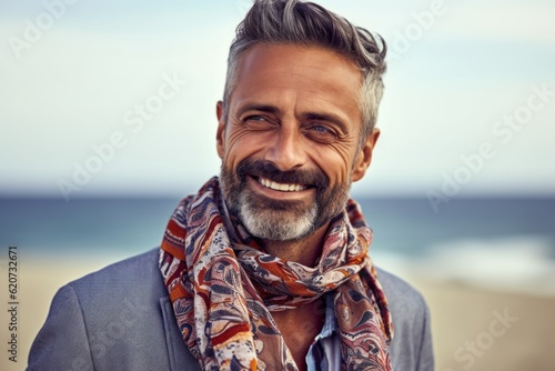 Portrait of handsome mature man wearing scarf on the beach at sunset