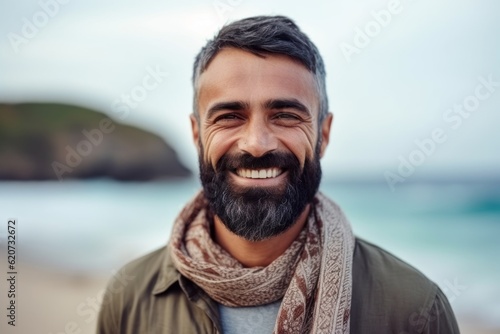 Portrait of a smiling bearded man wearing a scarf on the beach