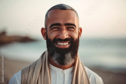 Portrait of smiling middle-aged man with beard standing on beach