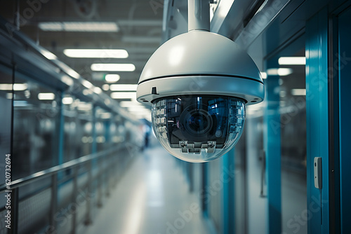 Interior hospital ward room monitored by CCTV security camera system Generative AI photo