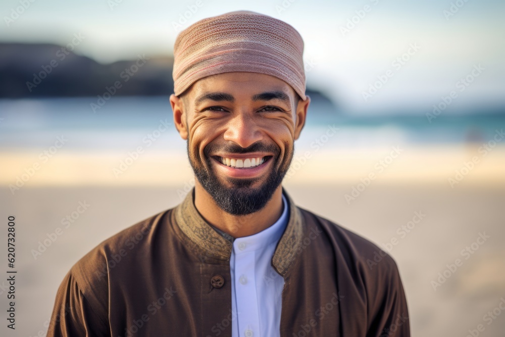Portrait of handsome arabic man smiling at camera on the beach Portrait of handsome arabic man smiling at camera on the beach