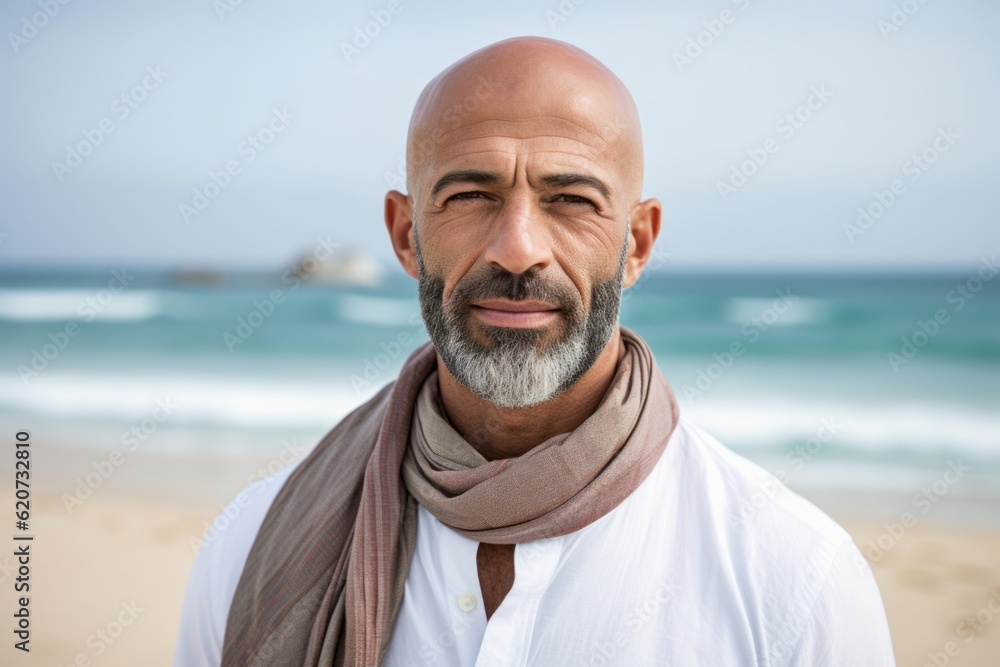Portrait of mature man with scarf standing on beach at the day time Portrait of mature man with scarf standing on beach at the day time