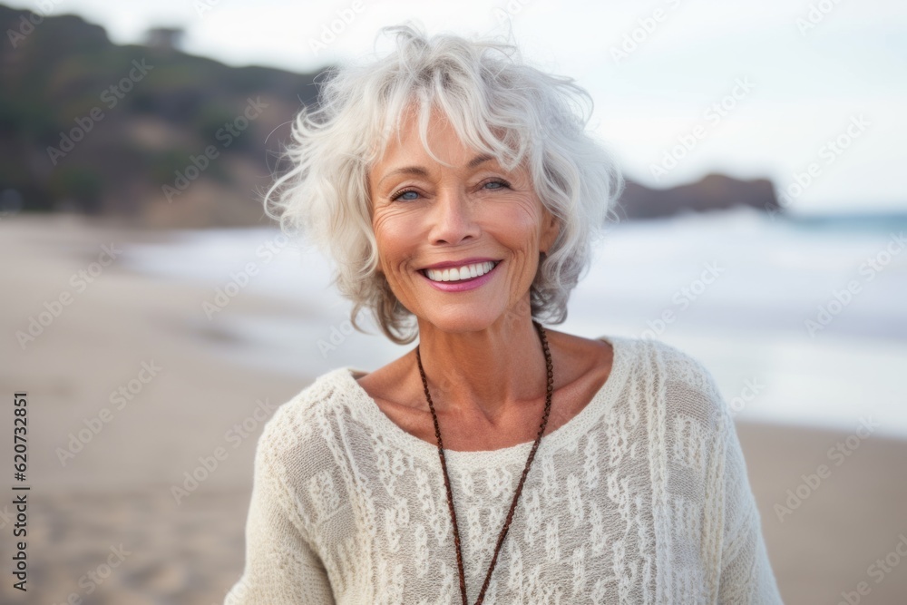 Portrait of smiling senior woman standing on beach at the day time Portrait of smiling senior woman standing on beach at the day time