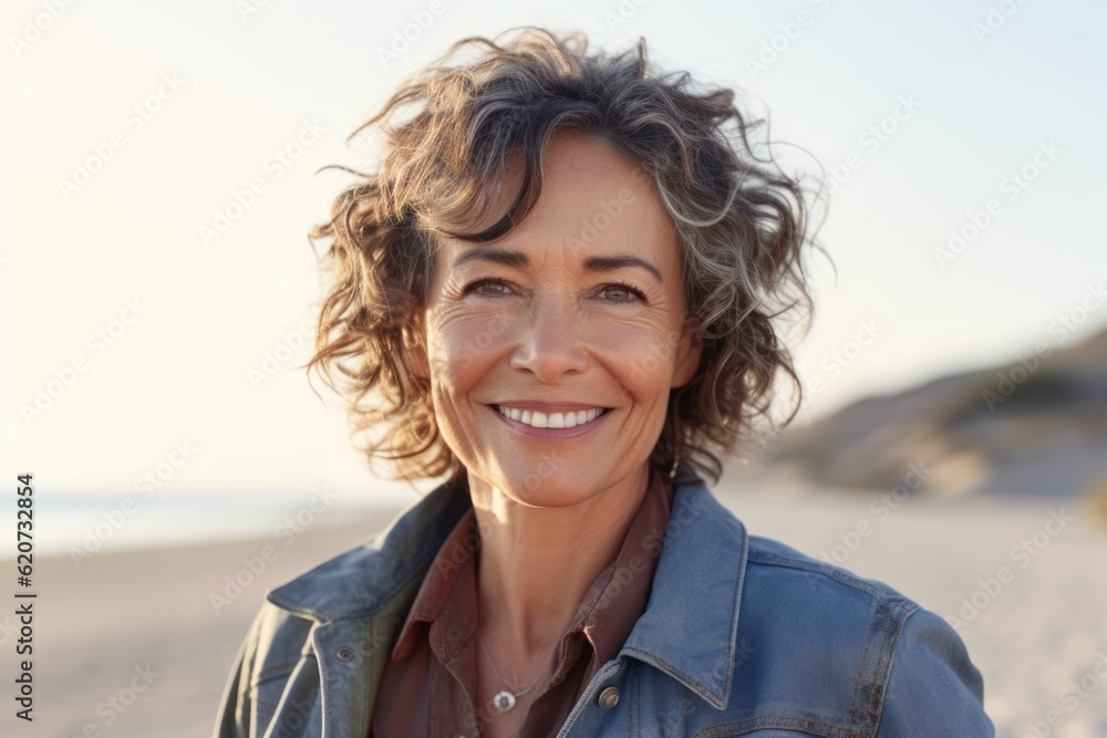 Portrait of a beautiful middle aged woman smiling at the camera on the beach Portrait of a beautiful middle aged woman smiling at the camera on the beach