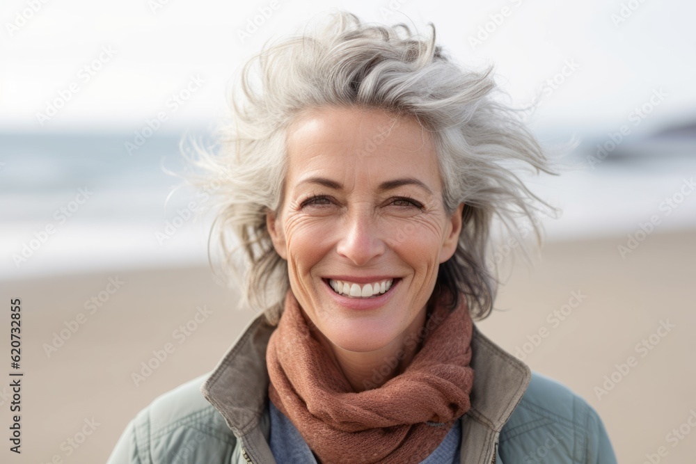 Portrait of happy senior woman smiling at camera on beach in autumn Portrait of happy senior woman smiling at camera on beach in autumn