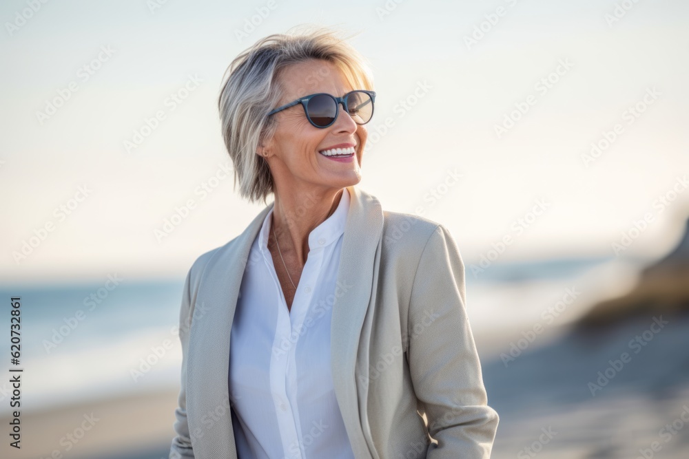 Portrait of smiling businesswoman in sunglasses on the beach at sunrise Portrait of smiling businesswoman in sunglasses on the beach at sunrise
