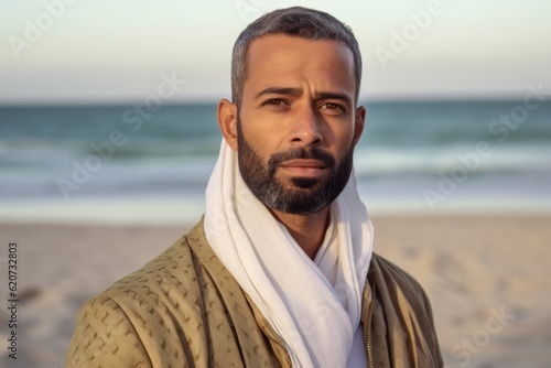 Portrait of handsome man in golden jacket and white scarf on the beach