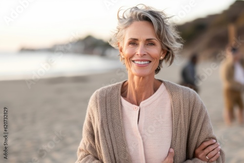 Obraz na płótnie Portrait of smiling senior woman standing with arms crossed on the beach w salonie