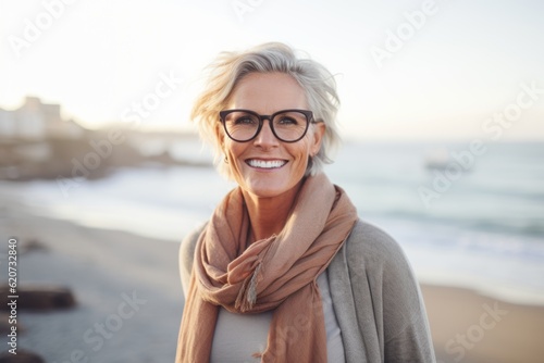 Lifestyle portrait photography of a satisfied woman in her 50s wearing a chic cardigan against a beach background © Eber Braun