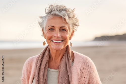 Portrait of smiling senior woman standing on the beach at the day time