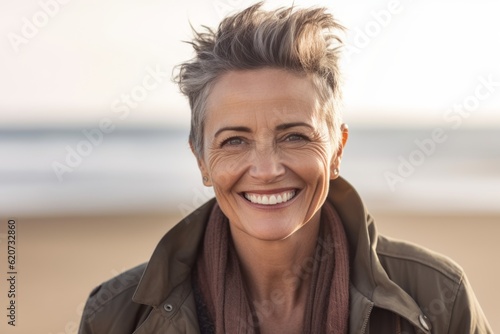 Portrait of happy mature woman smiling at camera on beach in autumn