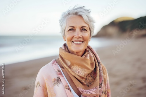Portrait of happy senior woman with scarf on the beach at sunset