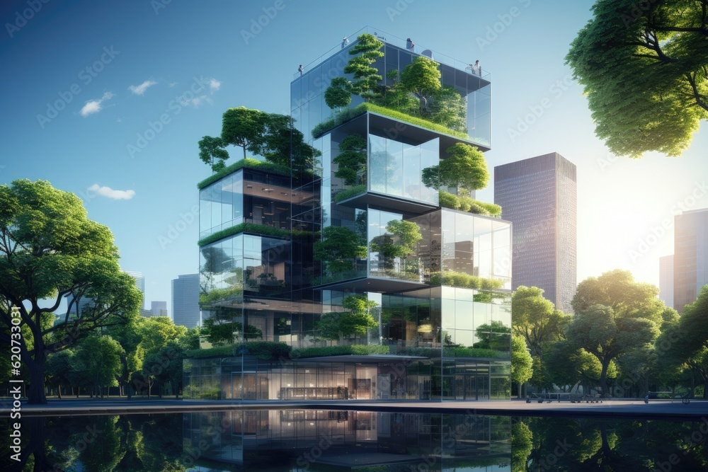 Modern environmentally friendly building. Sustainable glass office with wood to reduce carbon footprint. Office surrounded by greenery. Corporate buildings reduce CO2 emissions. ai generative