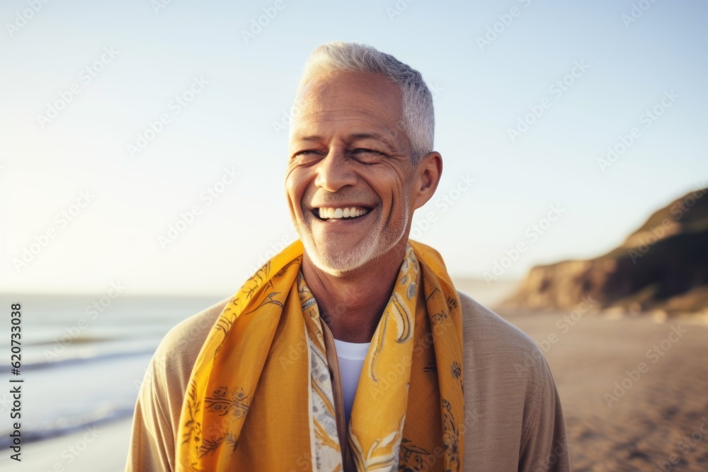 Portrait of smiling senior man with yellow scarf at beach on a sunny day Portrait of smiling senior man with yellow scarf at beach on a sunny day