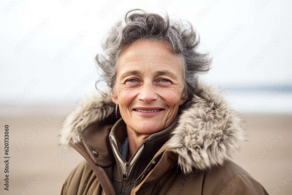 Portrait of senior woman in winter coat smiling at camera on beach Portrait of senior woman in winter coat smiling at camera on beach