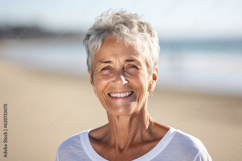 Portrait of smiling senior woman standing on beach on a sunny day Portrait of smiling senior woman standing on beach on a sunny day