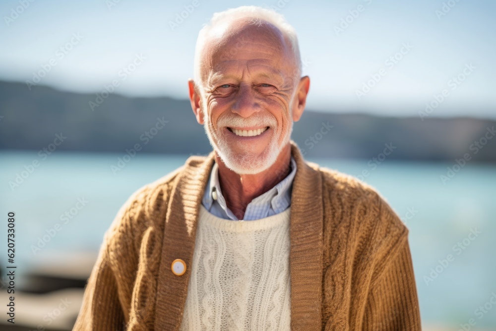Portrait of smiling senior man standing by the sea on a sunny day Portrait of smiling senior man standing by the sea on a sunny day