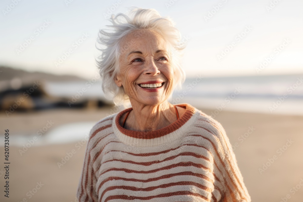 Portrait of smiling senior woman standing on beach at the day time Portrait of smiling senior woman standing on beach at the day time