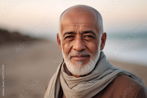 Portrait of senior man looking at camera on the beach at sunset