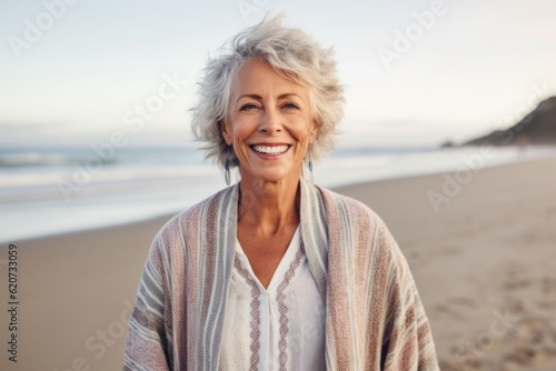 Portrait of smiling senior woman standing on beach at the day time