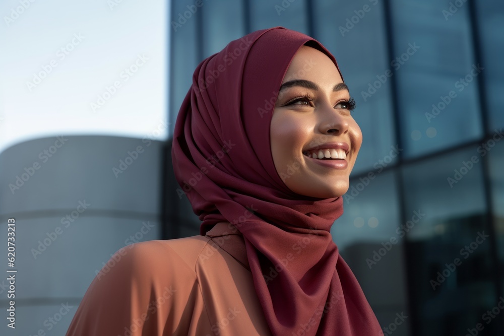 Portrait of beautiful muslim woman with hijab smiling and looking at camera Portrait of beautiful muslim woman with hijab smiling and looking at camera