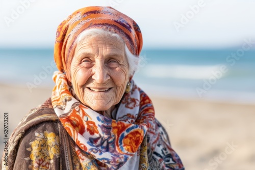 Lifestyle portrait photography of a satisfied 100-year-old elderly woman wearing a foulard against a beach background photo