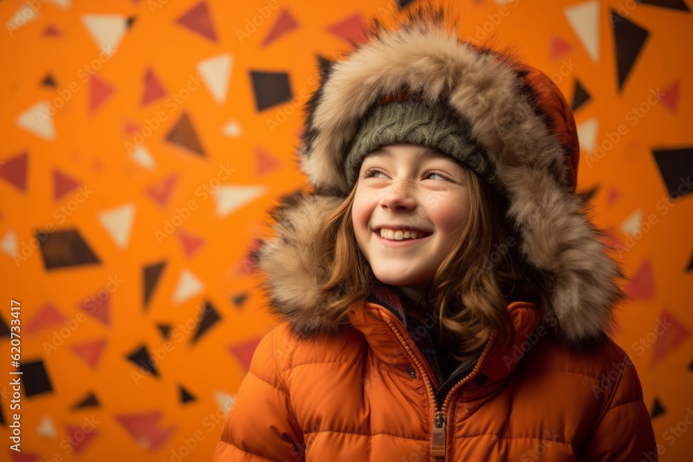 Portrait of a cute little girl in an orange jacket on a background of a geometric pattern Portrait of a cute little girl in an orange jacket on a background of a geometric pattern