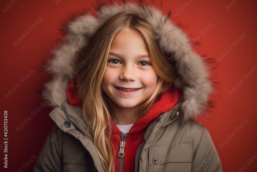 Portrait of a cute little girl in winter coat on a red background Portrait of a cute little girl in winter coat on a red background