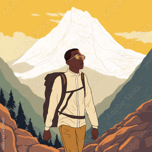 Black Man Hiking In The Mountains Illustration photo