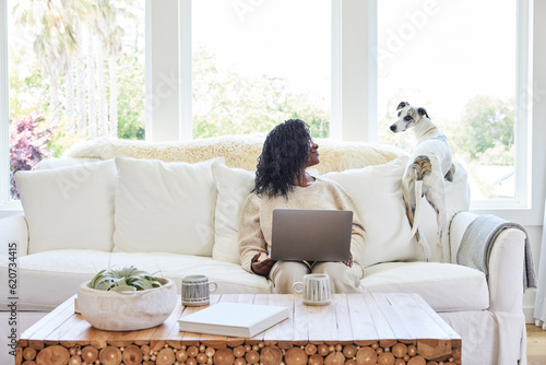 Mature Black woman on computer at home on sofa connecting with p photo