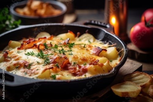 Tartiflette with golden potatoes, crispy bacon, and melted cheese on a wooden table