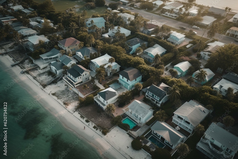 Bird's-eye view of luxury homes in small town of Boca Grande on Gasparilla Island, Florida. Examples of suburban real estate development. Generative AI