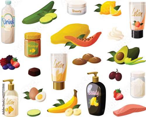Cute vector illustration of various natural beauty supplies and healthy eating.