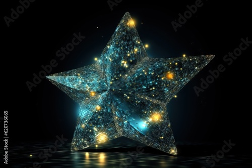 Art style of stylezed star, cosmos theme. Christmas, New Year celebration greeting card with blue, golden star isolated on blue background. Generative AI photo