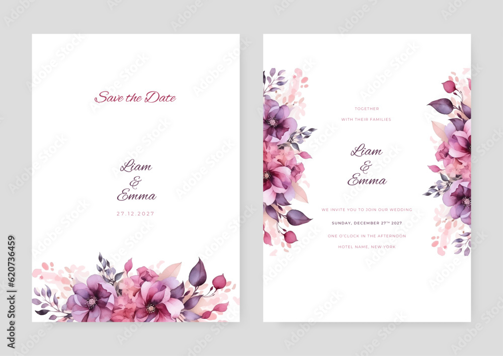 Vector wedding invitation and menu template with beautiful leaves and flowers