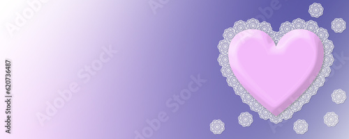 白いレースの飾りのピンクのハート。 紫色の背景。