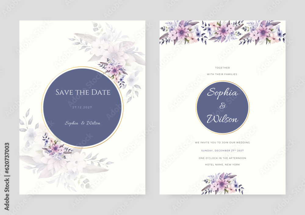 watercolor wedding invitation template with arrangement flower and leaves