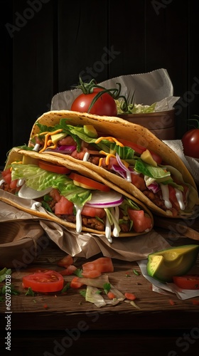 Traditional Mexican street  fast food. Tacos  meat  vegetables  avocado  beans  corn  salsa on the family dinner table. Served with various sauces. Mexican holiday flatlay. Wooden table.