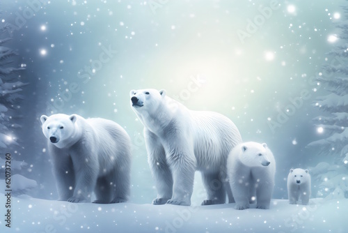 snow bear family walking on winter wonderland, background for animals. generative ai