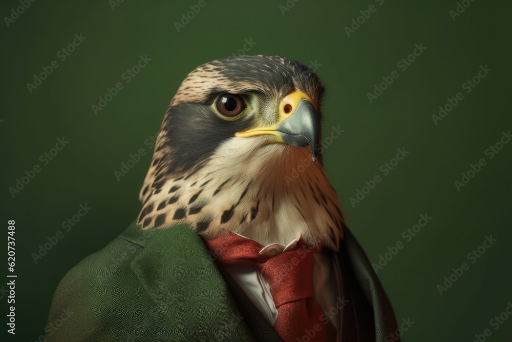 Anthropomorphic falcon dressed in a suit like a businessman. Business Concept. AI generated, human enhanced. Anthropomorphic falcon dressed in a suit like a businessman. Business Concept. AI generated, human enhanced.