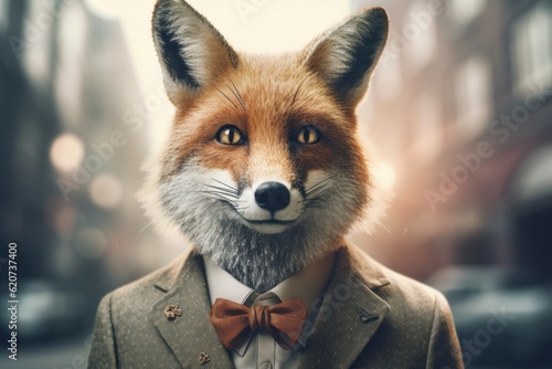 Anthropomorphic fox dressed in a suit like a businessman. Business Concept. AI generated, human enhanced photo