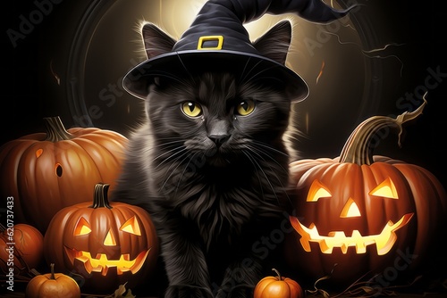 Black cat as a symbol of superstition and pumpkin. Halloween concept. AI generated, human enhanced