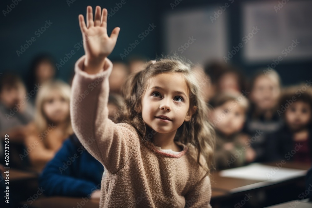 The girl raises her hand for an answer in the classroom. Back To School concept. Backdrop with selective focus The girl raises her hand for an answer in the classroom. Back To School concept. Backdrop with selective focus