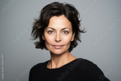 Portrait of an adult successful woman on a light background with selective focus and copy space. AI generated